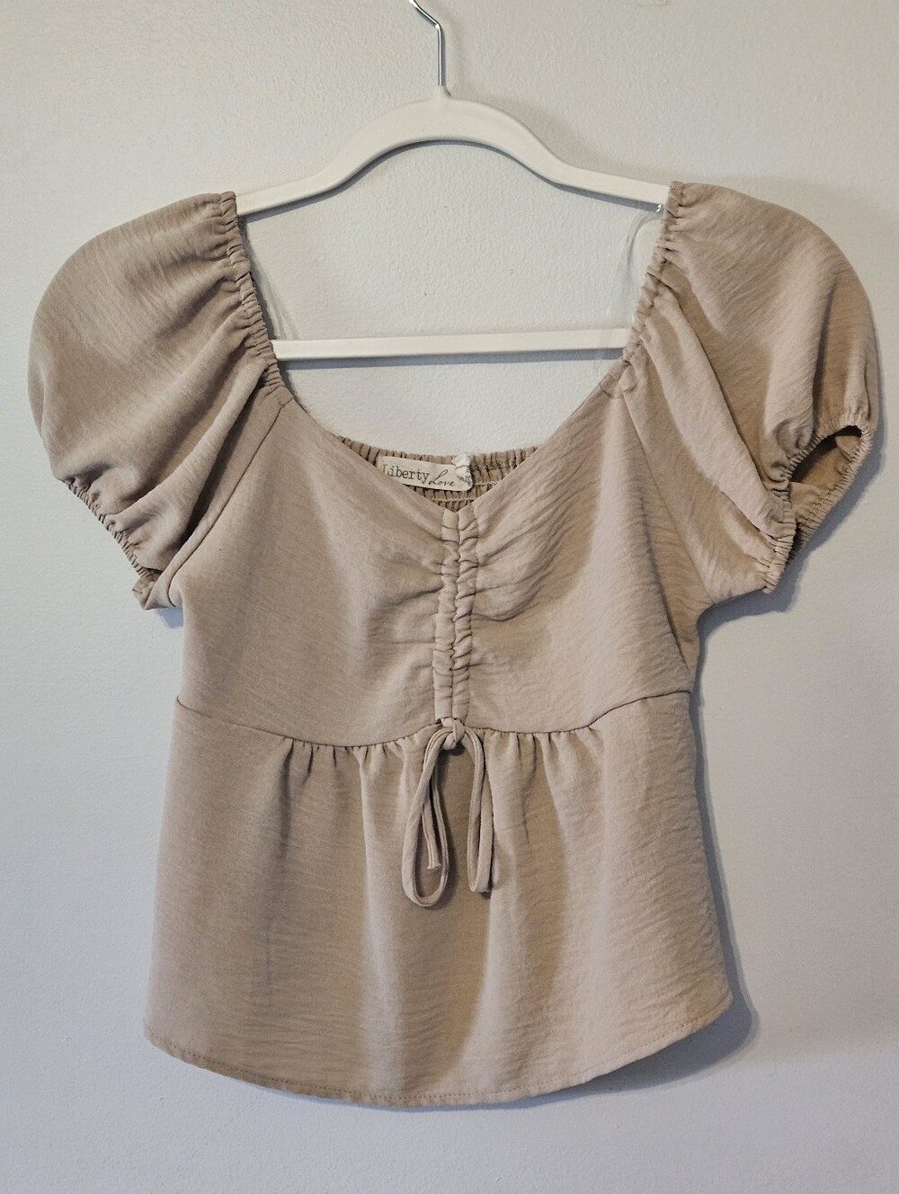 Liberty Love Beige Puff-Sleeve Tie-Front Crop Top